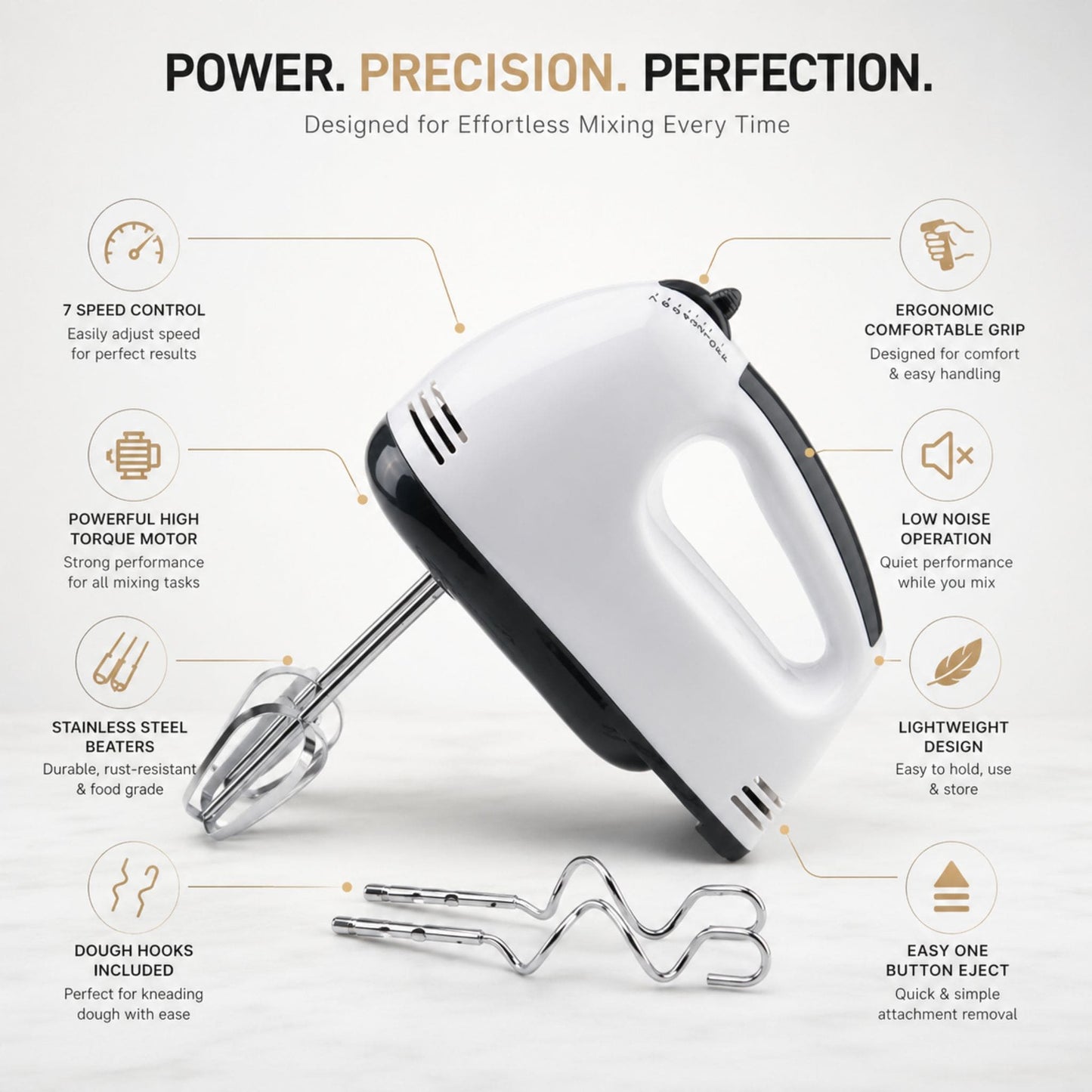 7-Speed Electric Hand Mixer with Stainless Steel Beaters & Dough Hooks | Powerful Portable Kitchen Mixer for Baking, Whipping & Mixing
