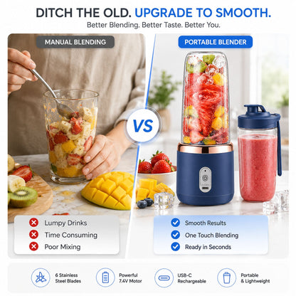 Portable USB Rechargeable Blender Bottle – 6 Blade Personal Smoothie Maker – Travel Juicer Cup – 400ml x 2