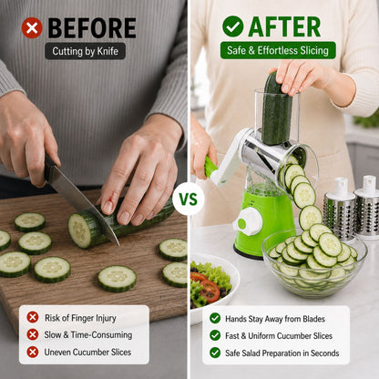 3-in-1 Manual Rotary Vegetable Slicer & Cheese Grater | Multifunction Kitchen Cutter with 3 Stainless Steel Blades