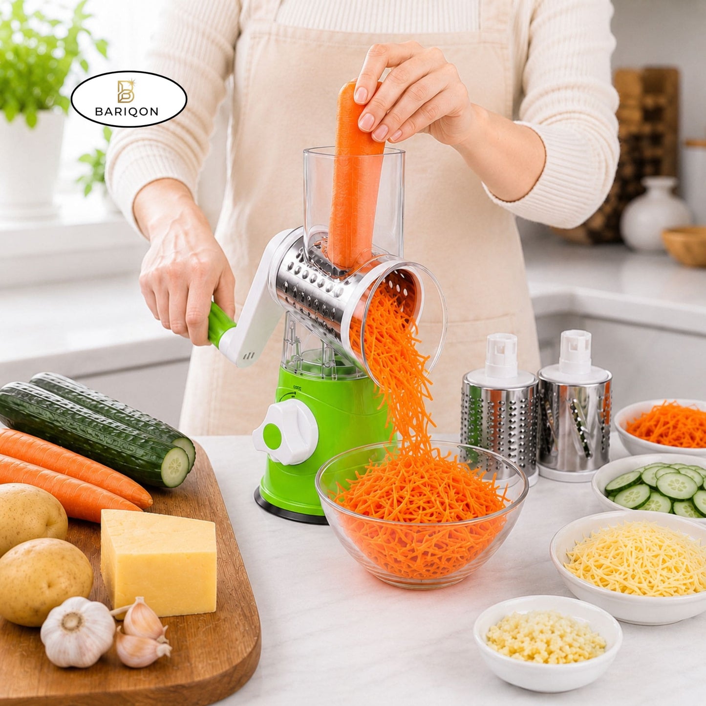 3-in-1 Manual Rotary Vegetable Slicer & Cheese Grater | Multifunction Kitchen Cutter with 3 Stainless Steel Blades