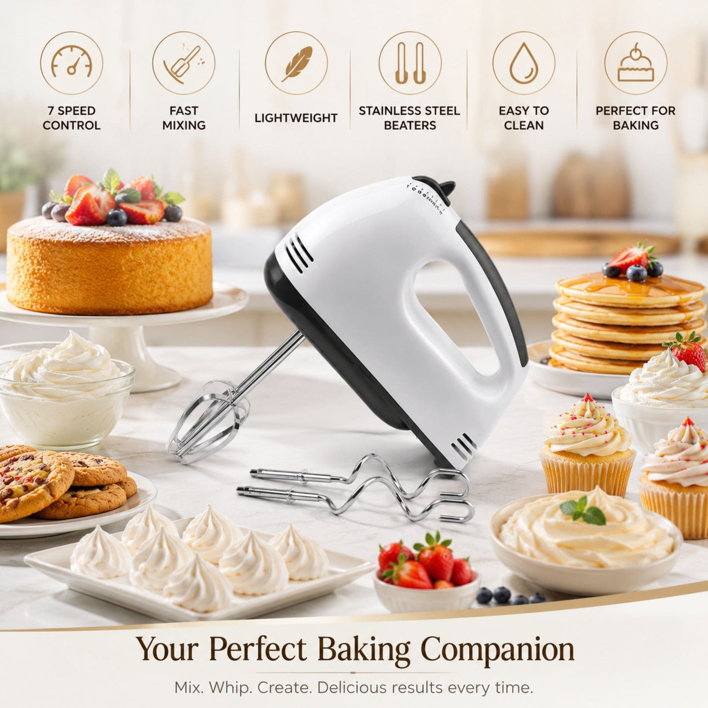 7-Speed Electric Hand Mixer with Stainless Steel Beaters & Dough Hooks | Powerful Portable Kitchen Mixer for Baking, Whipping & Mixing
