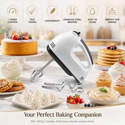 7-Speed Electric Hand Mixer with Stainless Steel Beaters & Dough Hooks | Powerful Portable Kitchen Mixer for Baking, Whipping & Mixing
