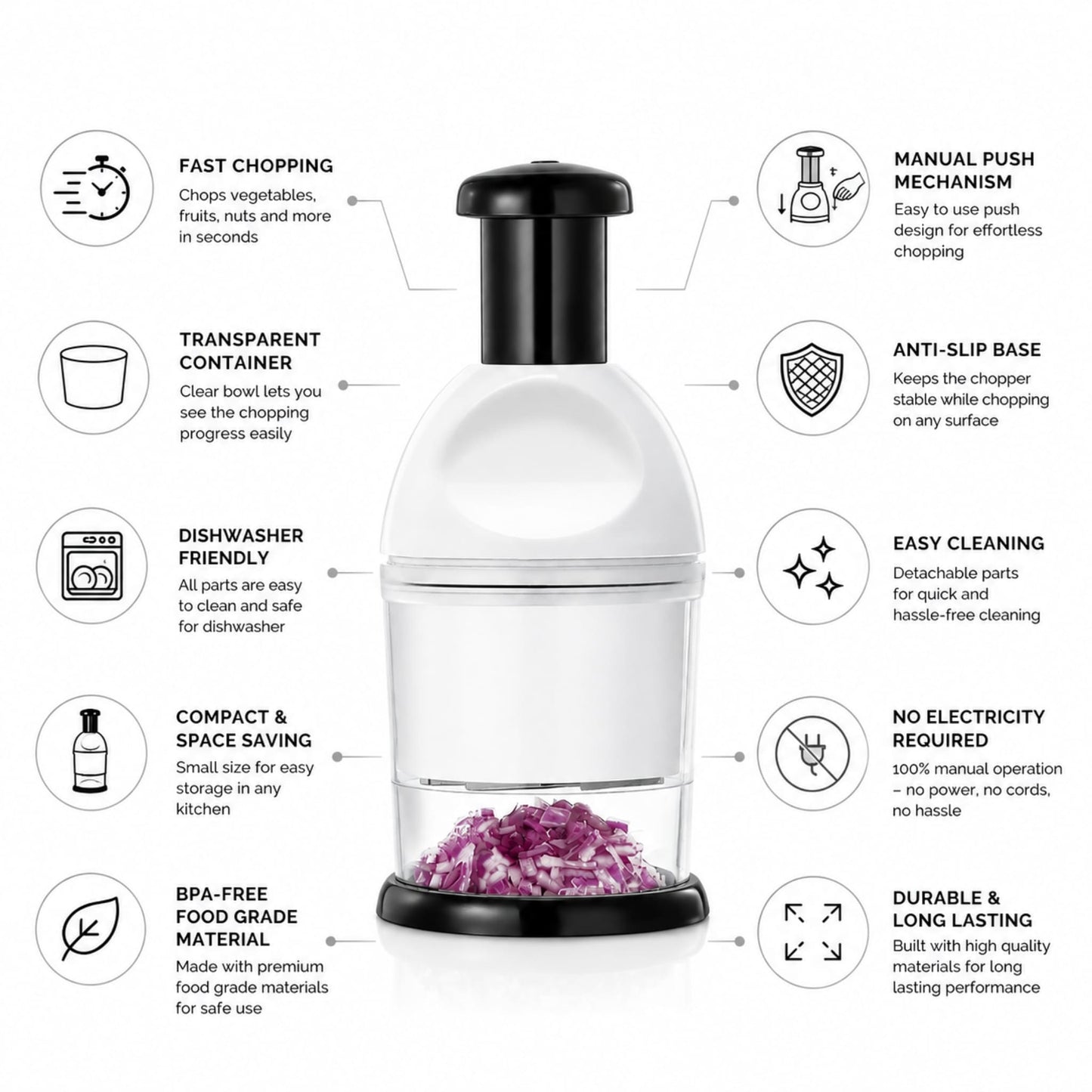 Manual Push Food Chopper – Vegetable & Fruit Cutter