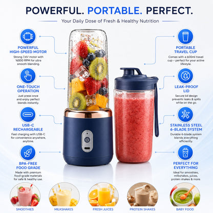 Portable USB Rechargeable Blender Bottle – 6 Blade Personal Smoothie Maker – Travel Juicer Cup – 400ml x 2