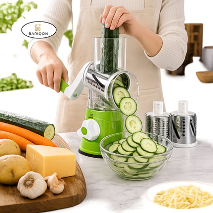 3-in-1 Manual Rotary Vegetable Slicer & Cheese Grater | Multifunction Kitchen Cutter with 3 Stainless Steel Blades