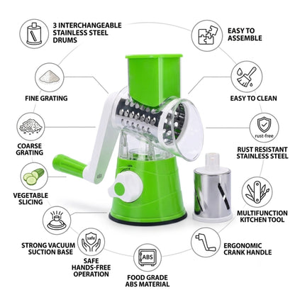 3-in-1 Manual Rotary Vegetable Slicer & Cheese Grater | Multifunction Kitchen Cutter with 3 Stainless Steel Blades