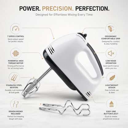7-Speed Electric Hand Mixer with Stainless Steel Beaters & Dough Hooks | Powerful Portable Kitchen Mixer for Baking, Whipping & Mixing