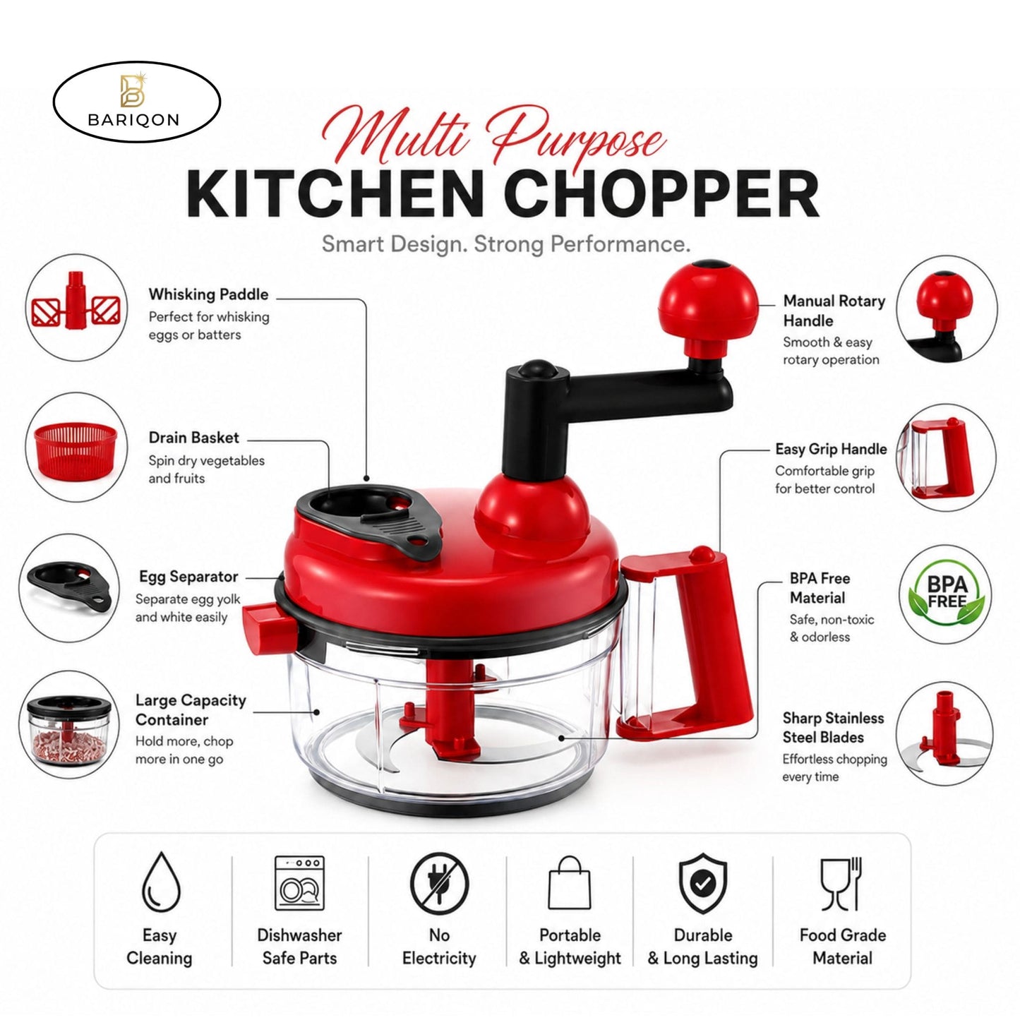 Manual Multi-Purpose Kitchen Food Chopper with Rotary Handle | Vegetable Cutter, Mixer & Egg Separator | BPA-Free Large Capacity