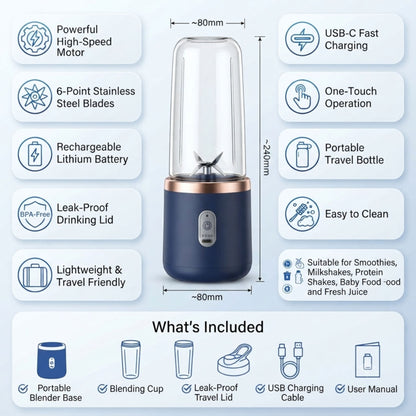 Portable USB Rechargeable Blender Bottle – 6 Blade Personal Smoothie Maker – Travel Juicer Cup – 400ml x 2
